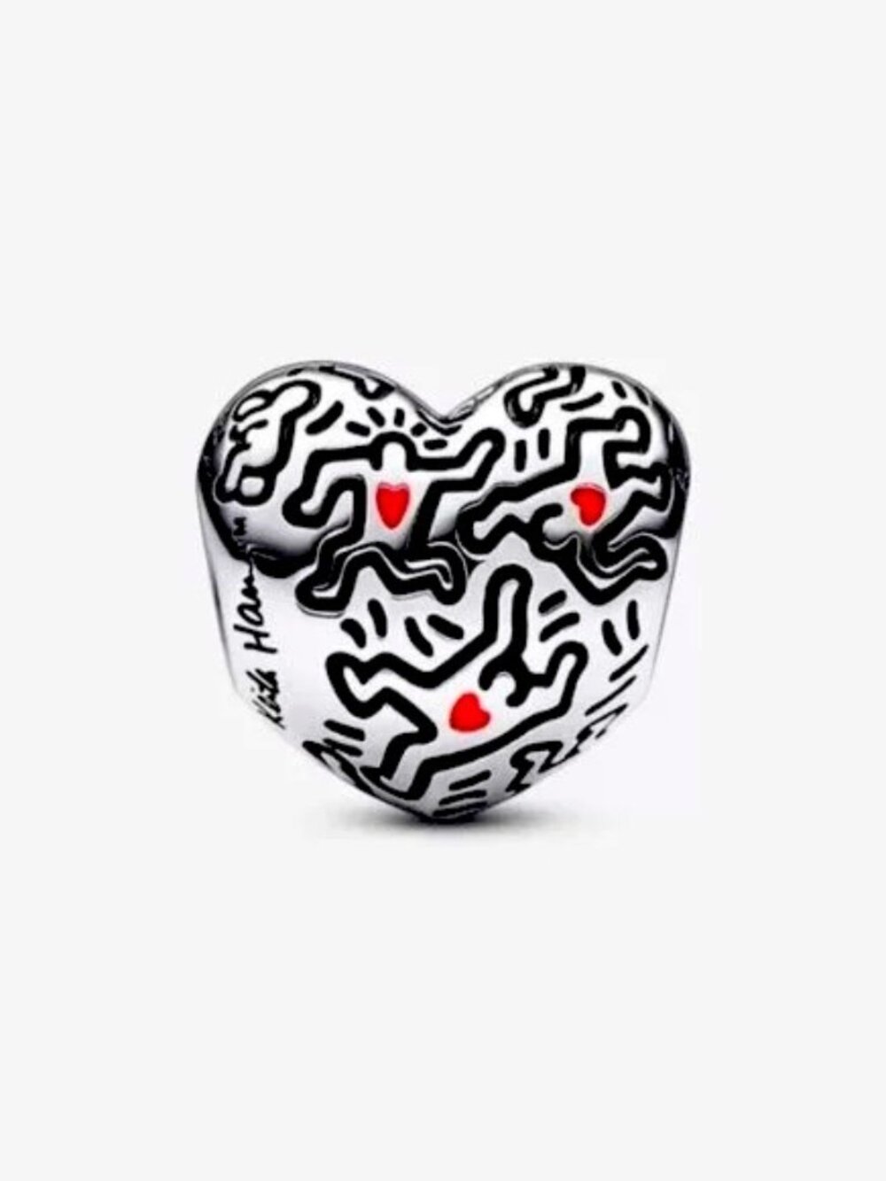Pandora Silver Heart Charm with Black Motif and Red Hearts